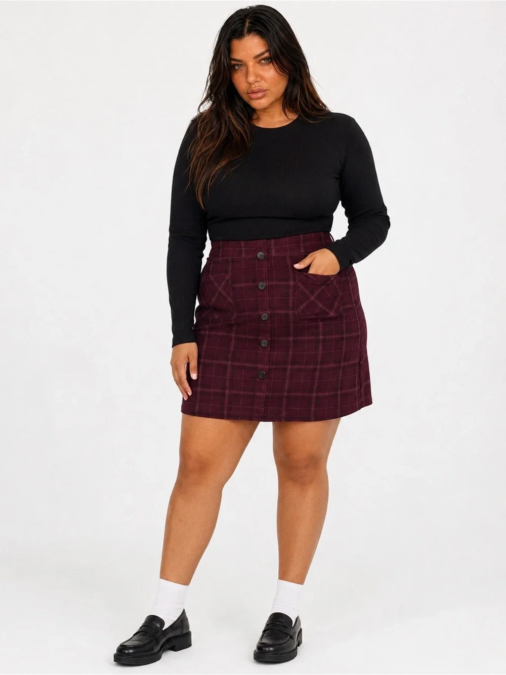 TORRID Mini Corduroy Button-Front Plaid Mini Skirt in Burgundy